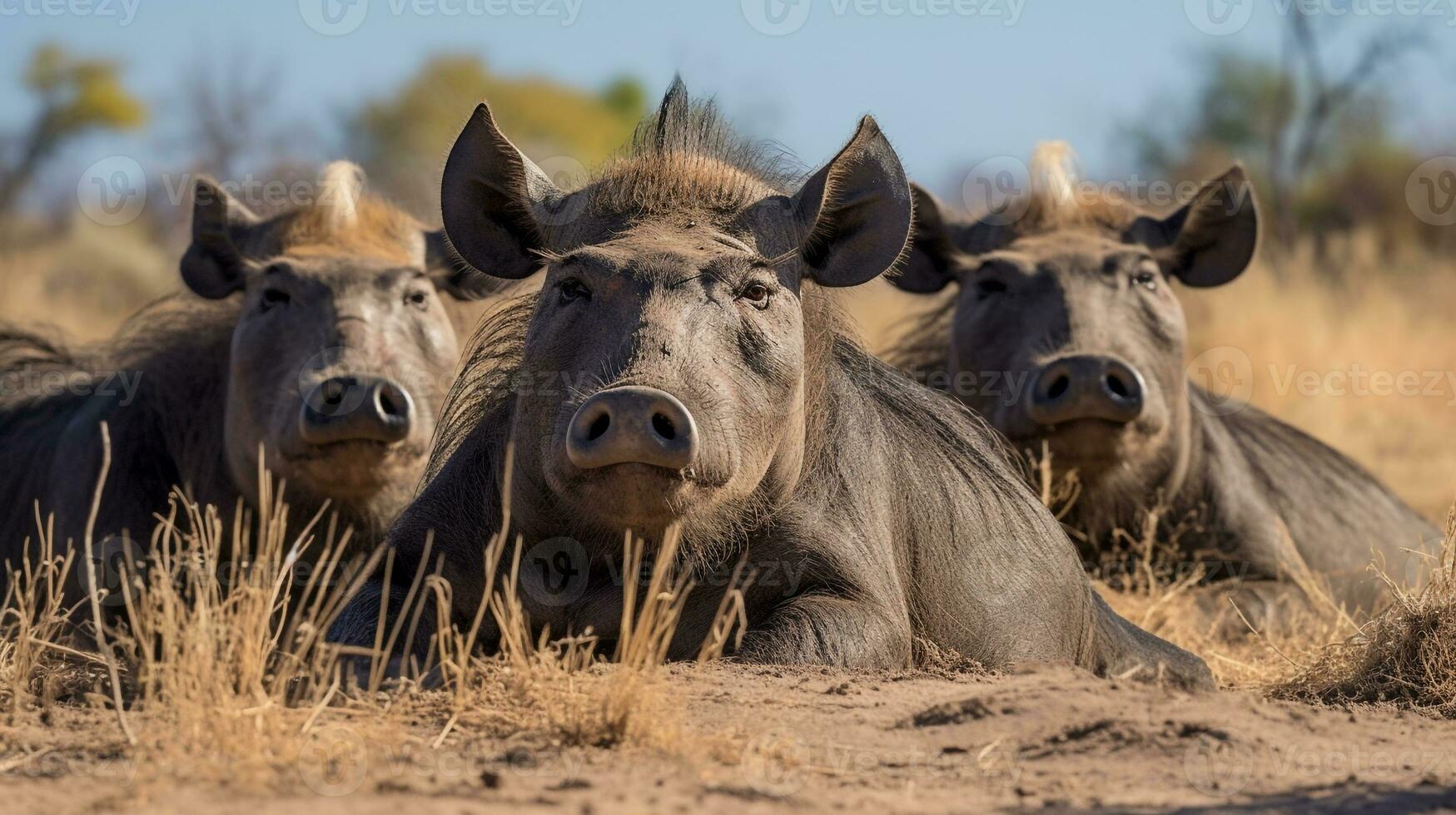 Photo of a herd of Wildebeest resting in an open area on the Savanna. Generative AI