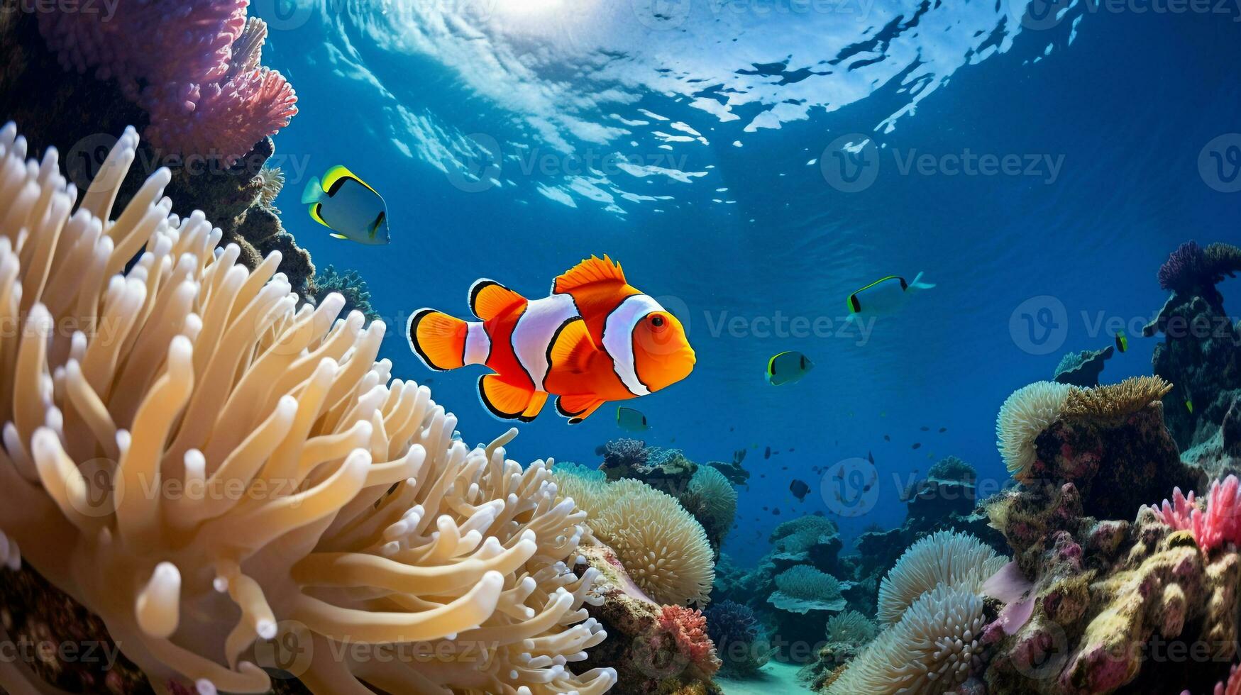 Photo of Clownfish with various fish between healthy coral reefs in the blue ocean. Generative AI