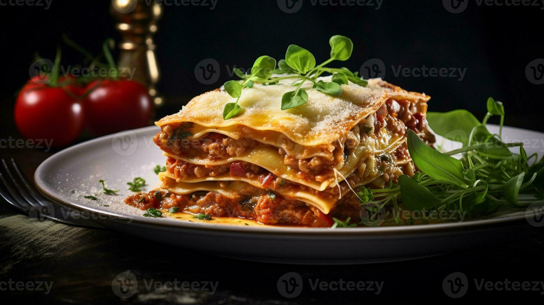 Photo of Lasagna as a dish in a high-end restaurant. Generative AI