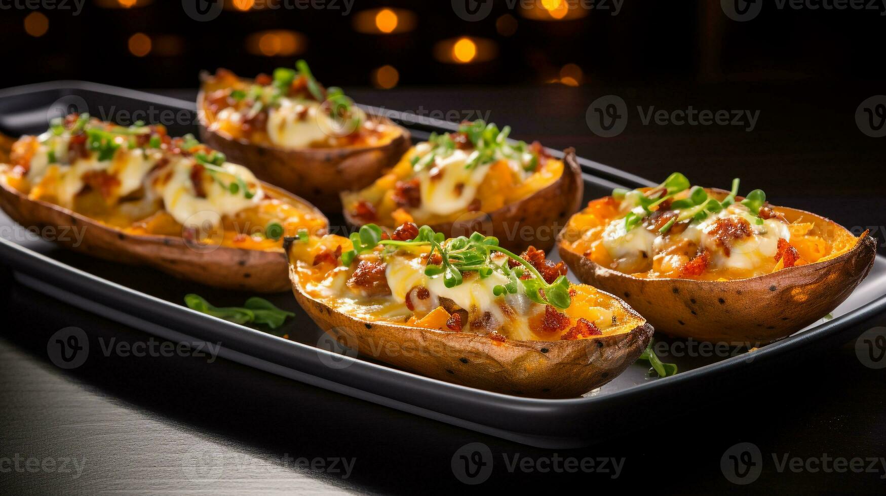 Photo of Potato Skins as a dish in a high-end restaurant. Generative AI