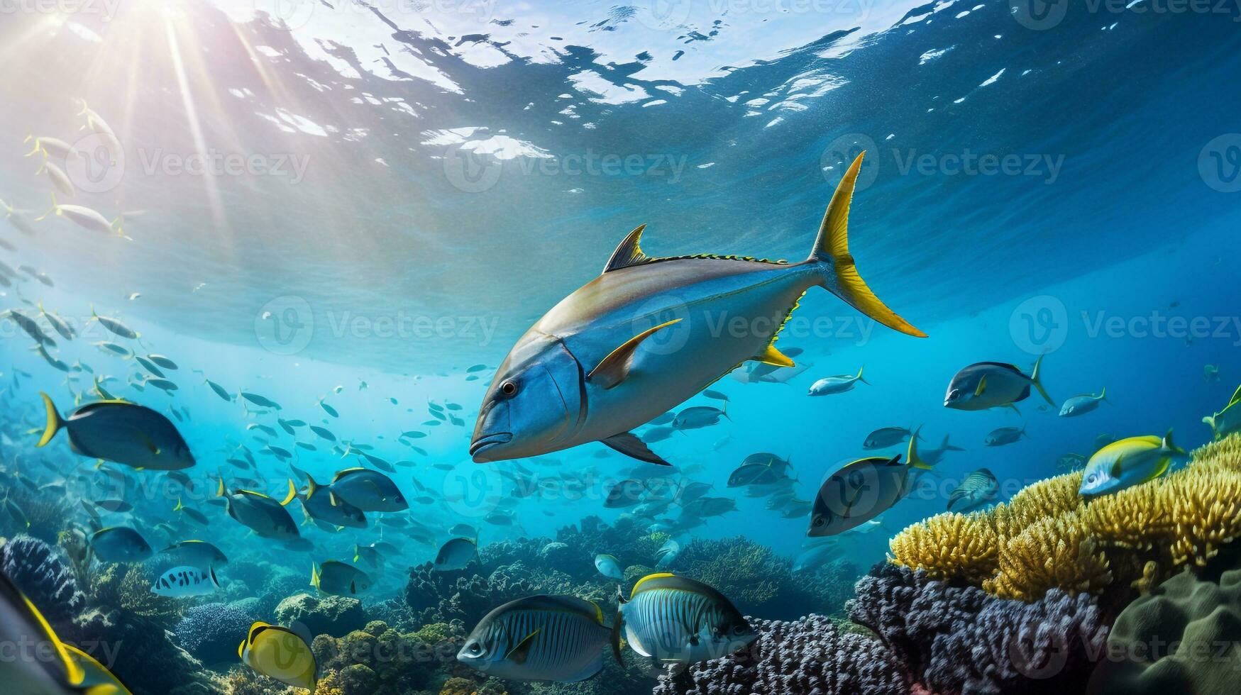 Photo of Yellowfin Tuna with various fish between healthy coral reefs in the blue ocean. Generative AI