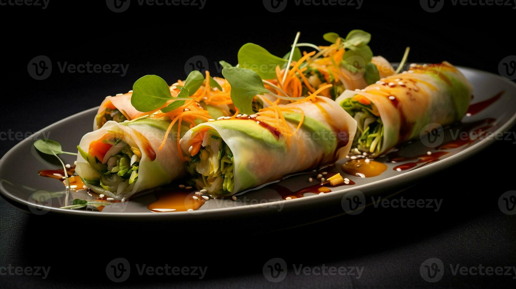 Photo of Mango Avocado Spring Rolls as a dish in a high-end restaurant. Generative AI