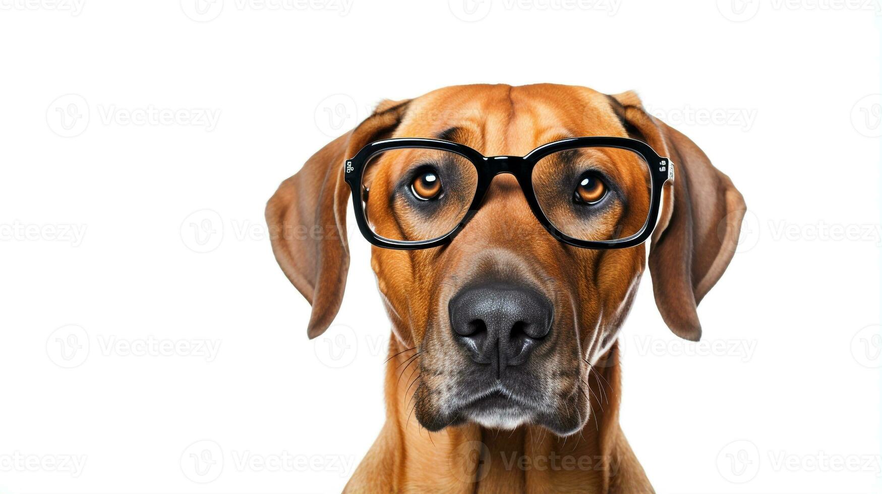 Photo of a Rhodesian Ridgeback dog using eyeglasses isolated on white background. Generative AI