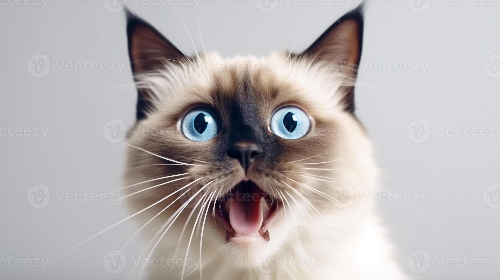 Close-up Photo of a funny shocked Birman sticking out his tongue. Generative AI