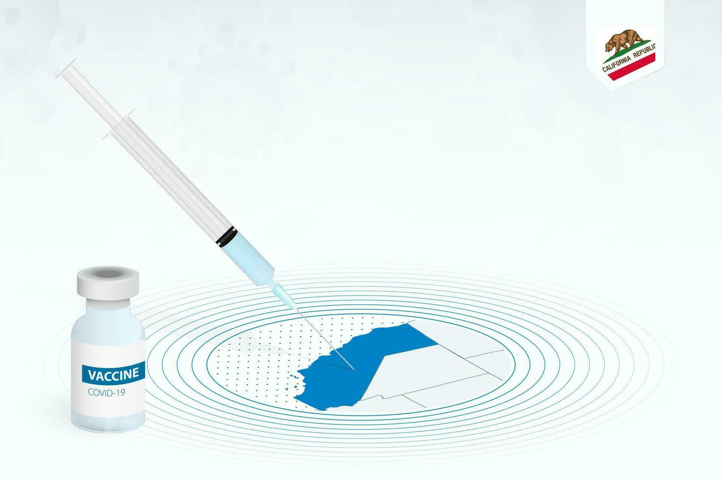 COVID-19 vaccination in California, coronavirus vaccination illustration with vaccine bottle and syringe injection in map of California. vector