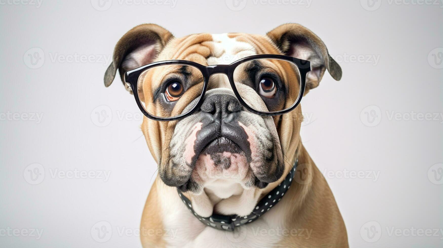 Photo of a Bulldog dog using eyeglasses isolated on white background. Generative AI