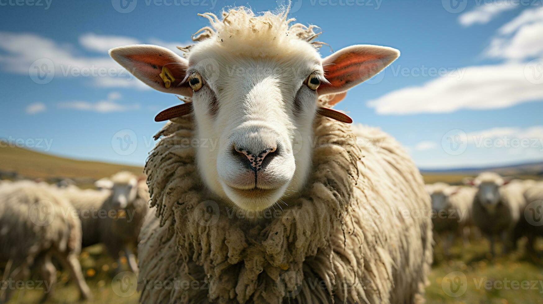 Close-up photo of a Sheep looking any direction. Generative AI