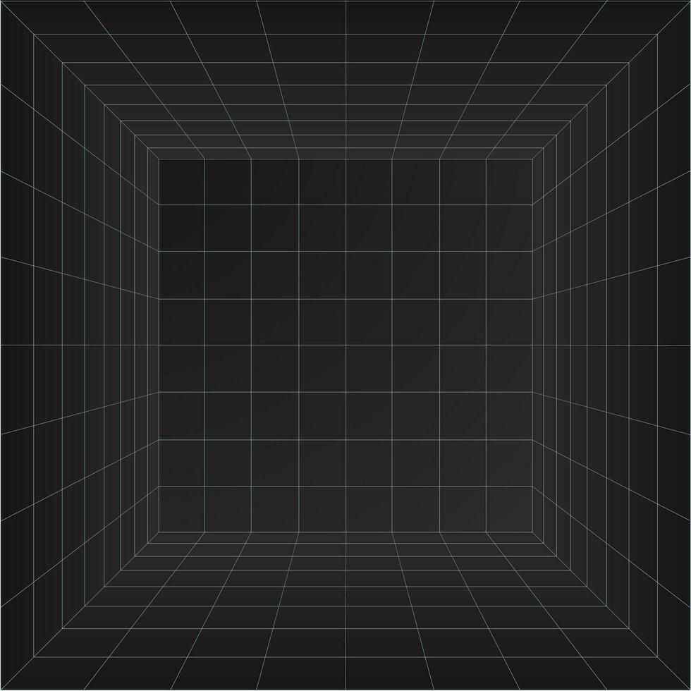 Perspective grid room. Wireframe abstract cube. Data digital visualization. Vector