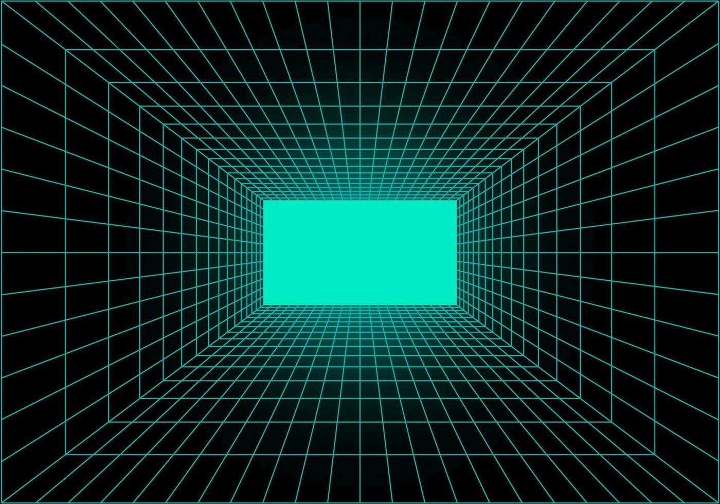 Virtual reality tunnel or wormhole. Perspective grid of empty tunnel with light in the end. Matrix data visualization. Vector