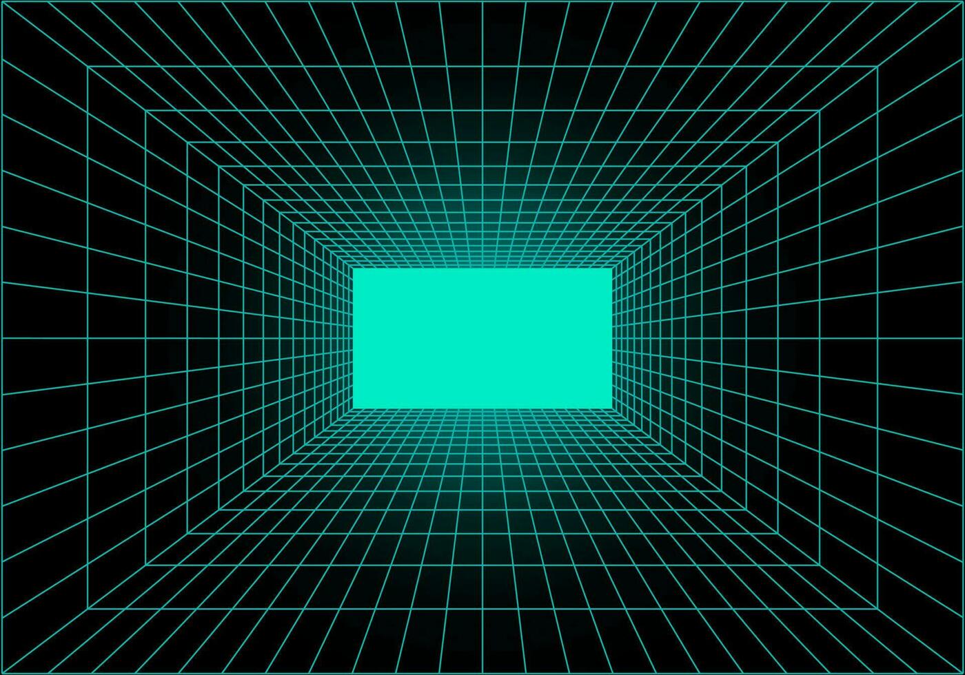 Virtual reality tunnel or wormhole. Perspective grid of empty tunnel with light in the end. Matrix data visualization. Vector