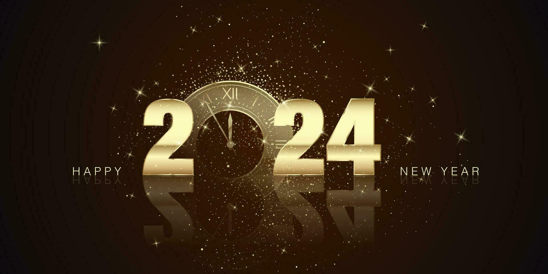 contento nuevo año y alegre Navidad concepto. dorado texto 2024 con reloj cuenta regresiva en lugar cero. fiesta saludo tarjeta diseño. vector ilustración