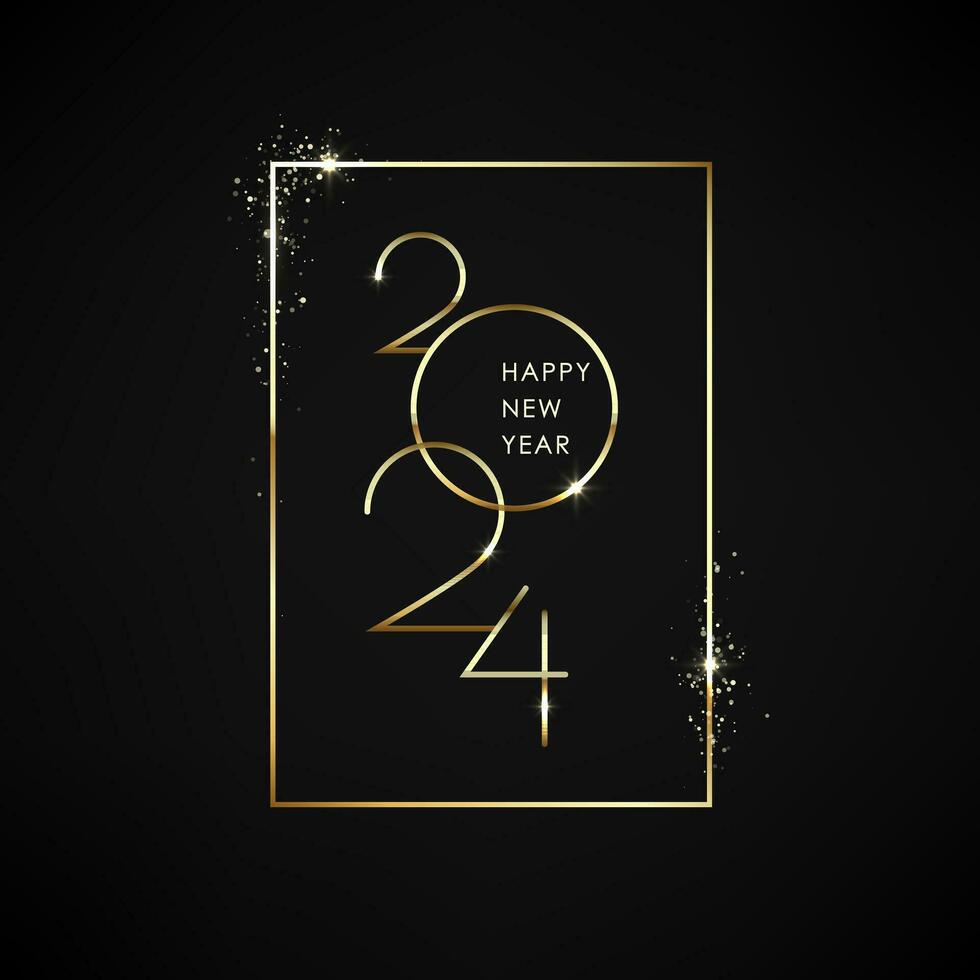 Gold lettering 2024 happy New Year. Holiday greeting card design with gold frame and text inside. Vector illustration