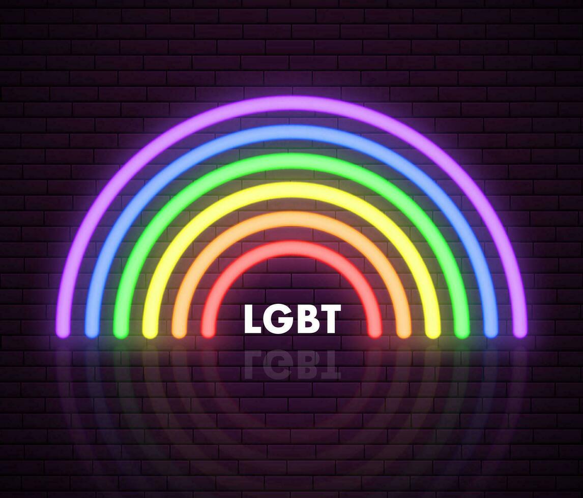 LGBT Neon Rainbow Sign. LGBT Pride Month. Lesbian Gay Bisexual Transgender. Rainbow love concept. Human rights and tolerance. Vector ilustration isolated on brick wall