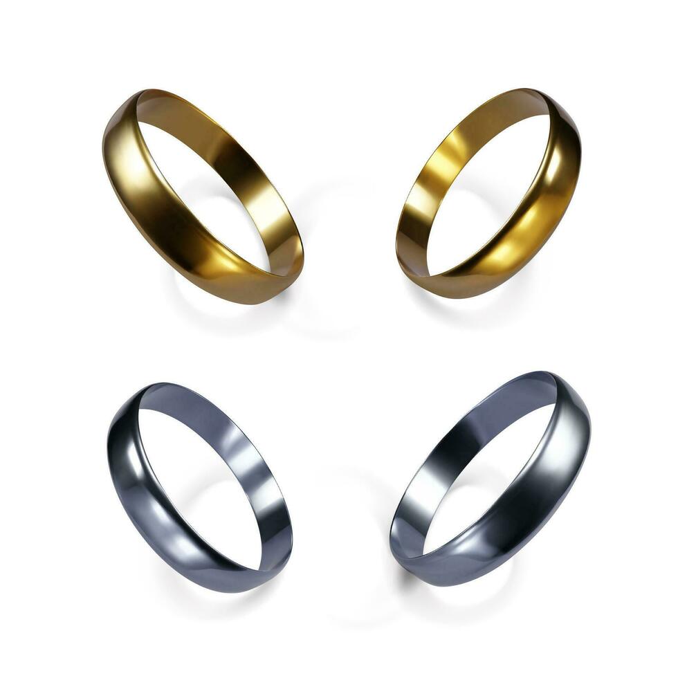 Set of gold and platinum wedding rings. 3D illustration. Couple of golden and silver rings. Vector