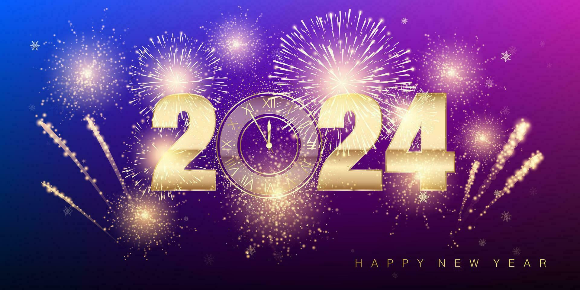 2024 New Year countdown. Holiday banner with fireworks and snowflakes. Gold numbers and holiday clock. Explosion of fireworks on new years eve. Vector illustration