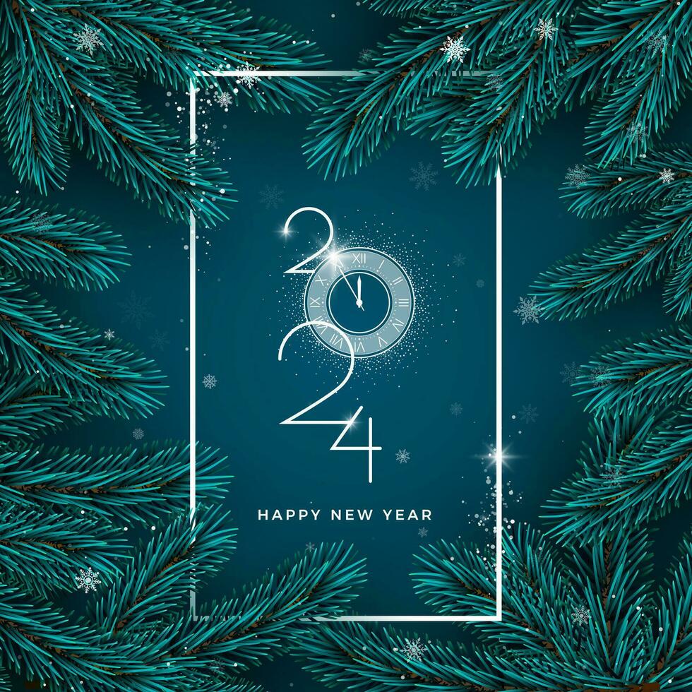 Happy New 2024 Year. Holiday background with spruce branch and falling snowflakes. White frame and 2024 lettering with clock countdown instead zero. Vector illustration