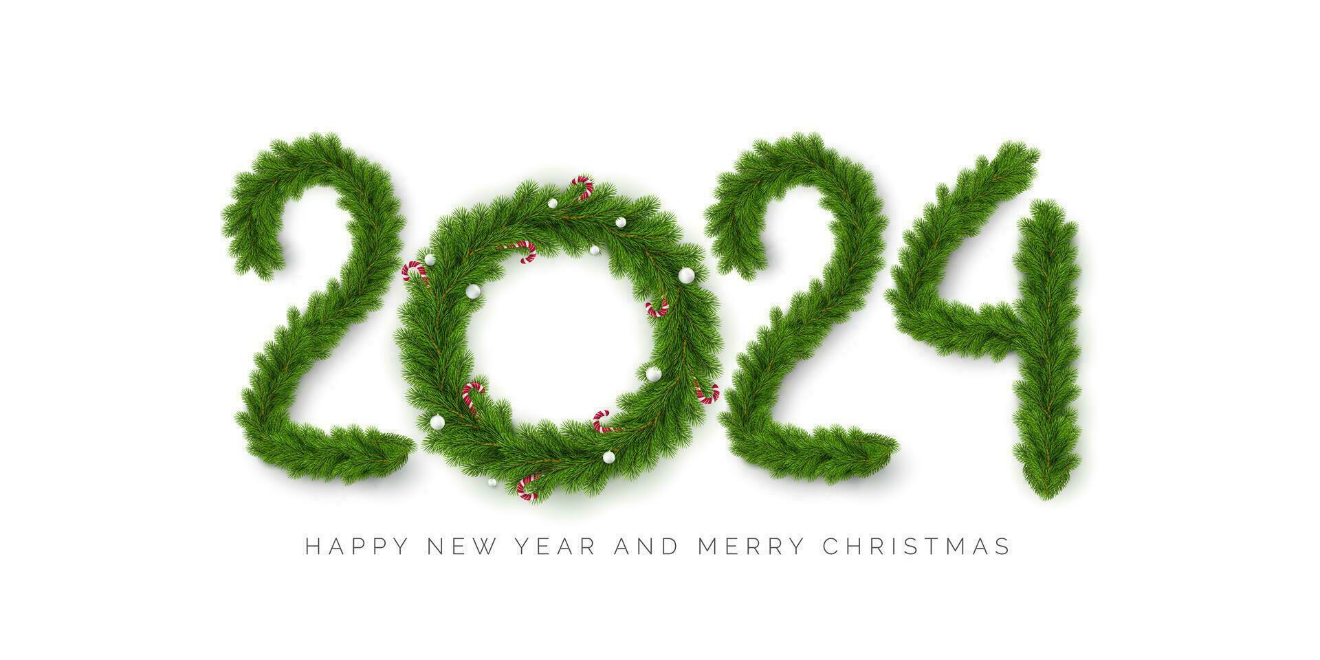 Happy New 2024 Year and merry Christmas. 2024 lettering by spruce branch and Xmas wreath instead zero with Christmas balls and lollipop. Vector illustration
