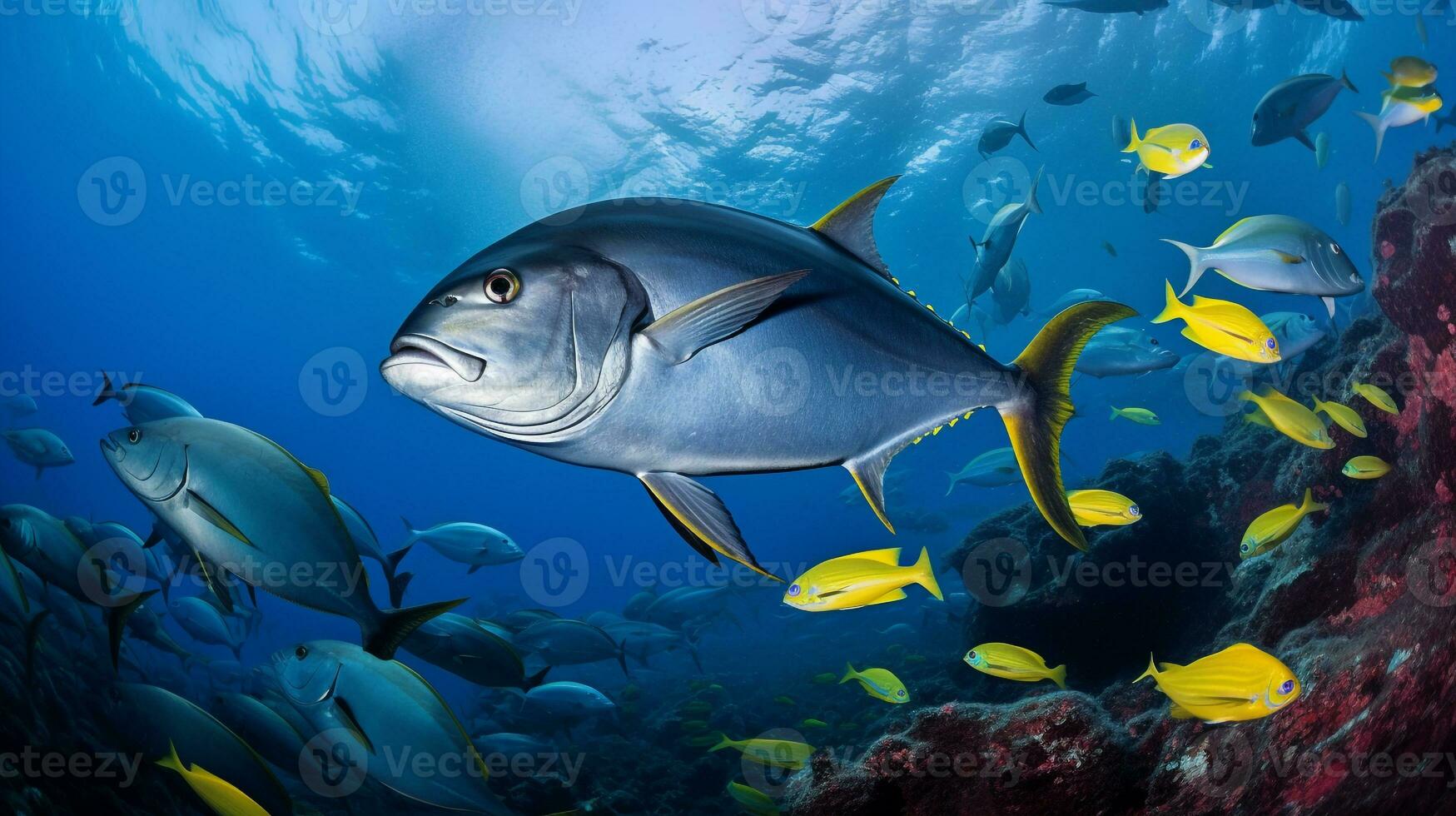 Photo of Yellowfin Tuna with various fish between healthy coral reefs in the blue ocean. Generative AI