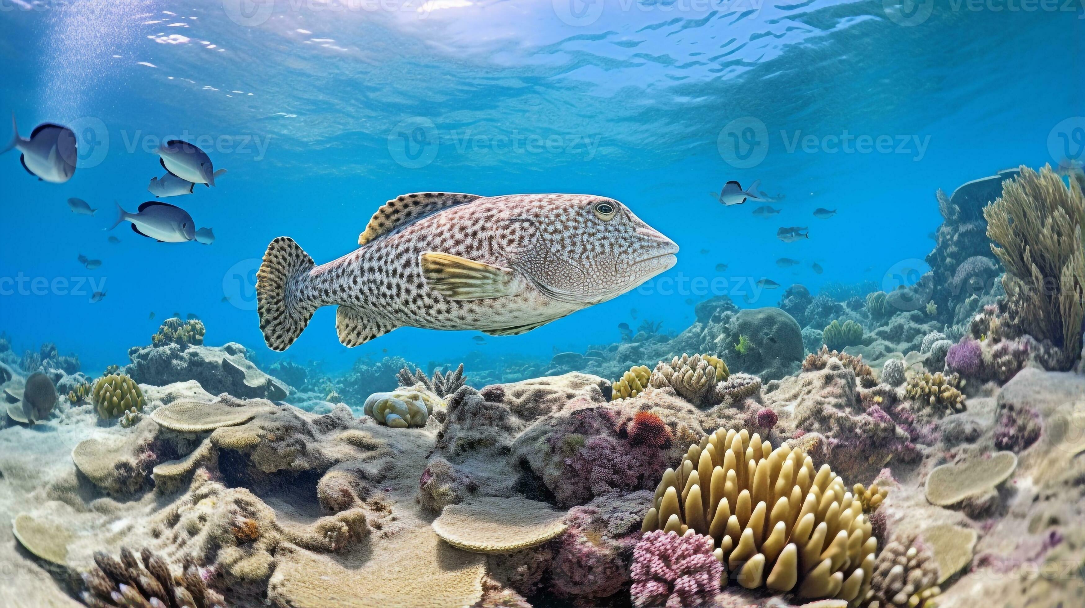 Photo of Flounder with various fish between healthy coral reefs in the