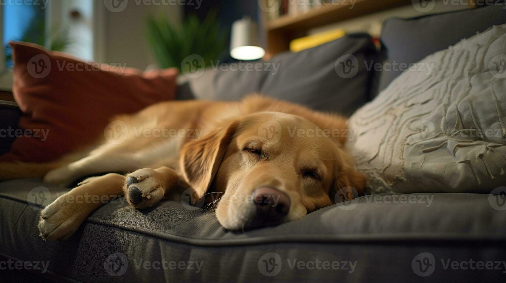 Photo of a sleepy dog cozily snuggles on a comfy couch in a cozy living room. Generative AI