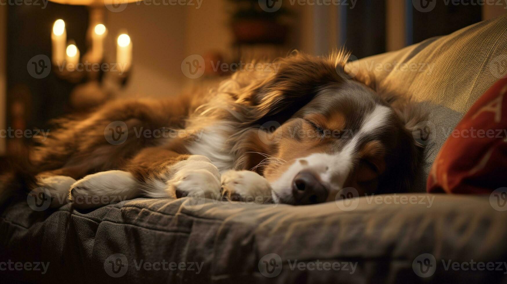 Photo of a sleepy dog cozily snuggles on a comfy couch in a cozy living room. Generative AI