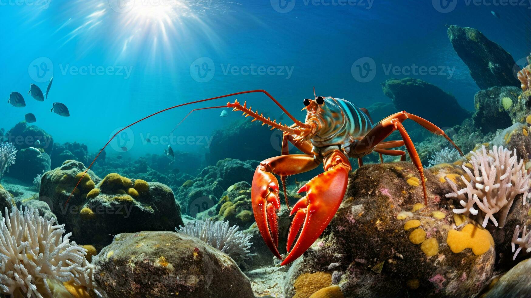 Photo of Lobster with various fish between healthy coral reefs in the blue ocean. Generative AI
