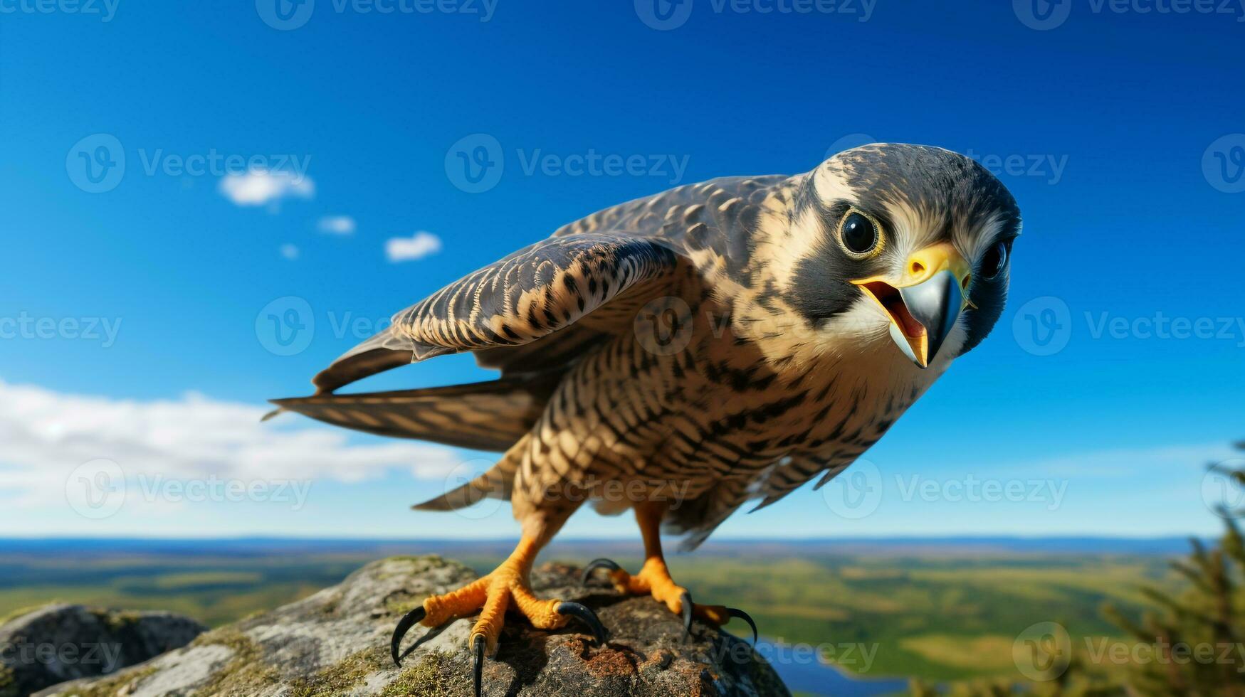 Photo of a Falcon under Blue Sky. Generative AI