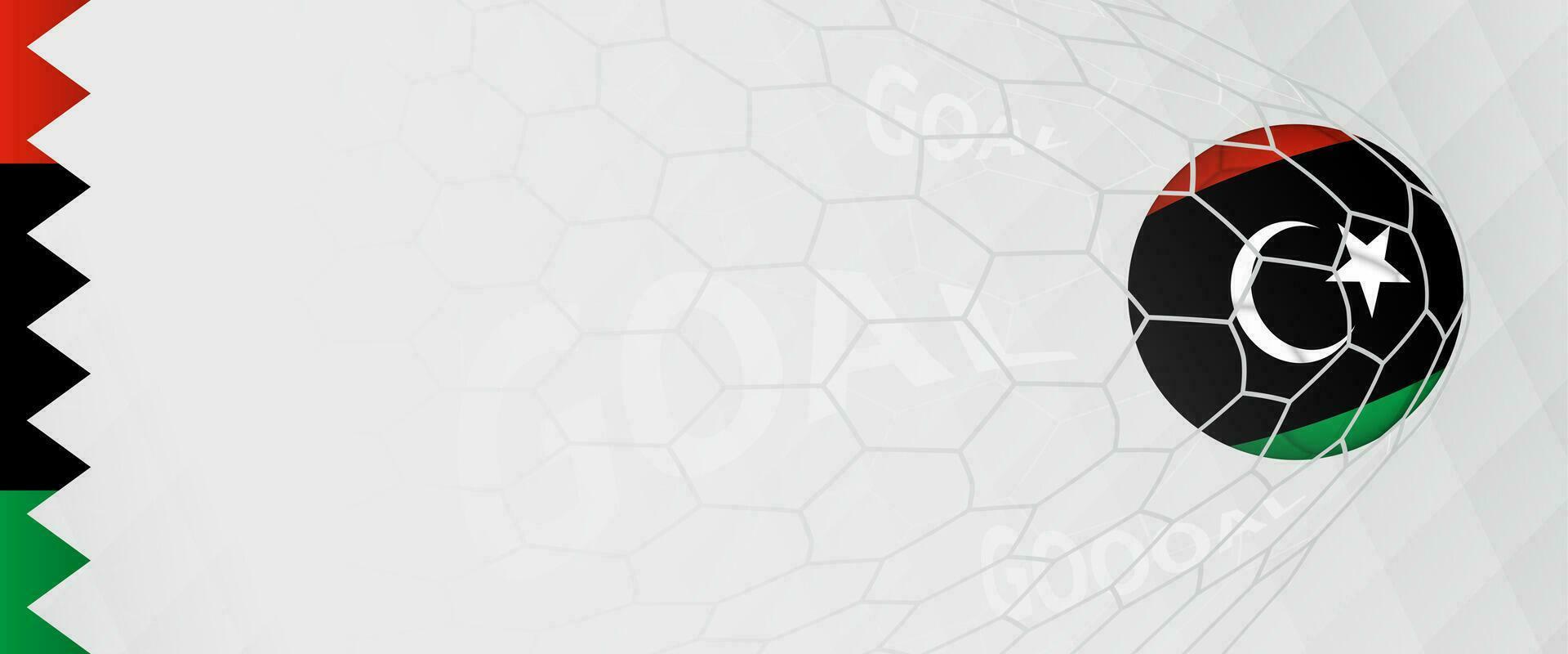 Banner design of a football ball with flag of Libya in football net, the goal by national soccer team of Libya. vector