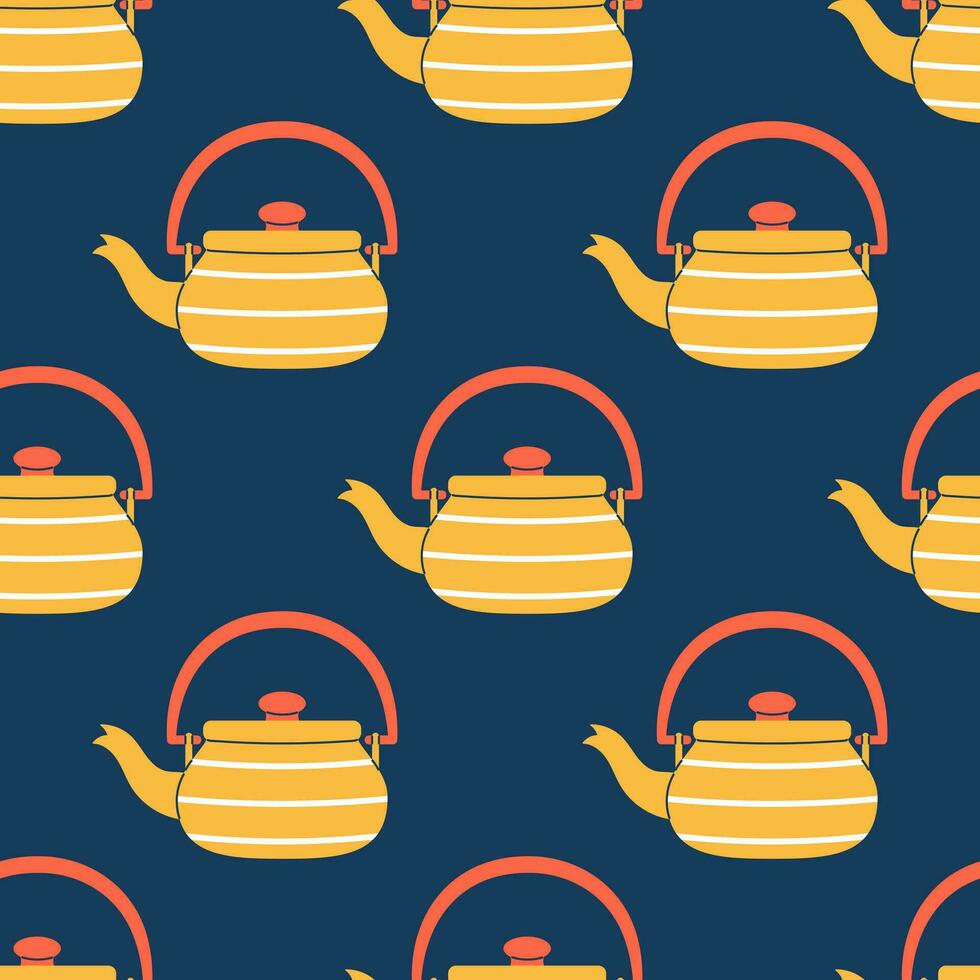 Vector striped tea kettles seamless pattern. Trendy yellow and red tea kettles on dark blue background. Tea time backdrop.