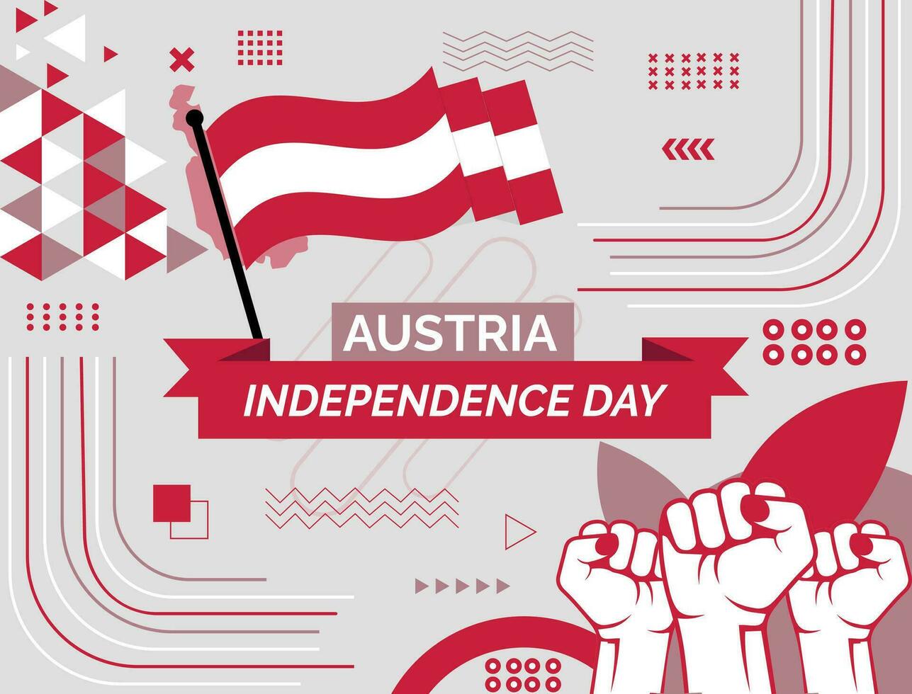 Austria nacional día bandera con mapa, bandera colores tema antecedentes y geométrico resumen retro moderno colorido diseño con elevado manos o puños vector