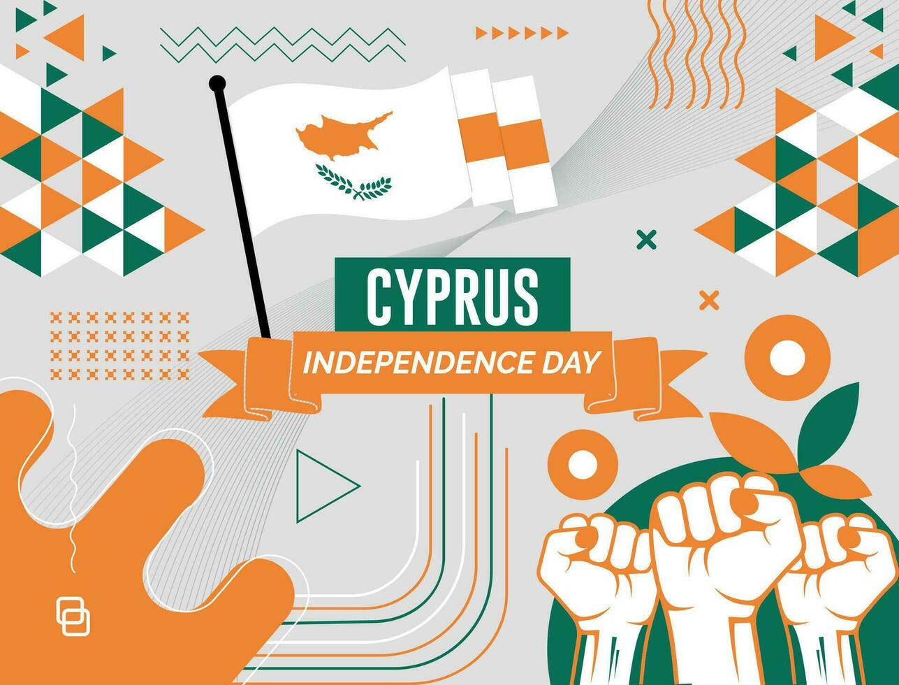 CYPRUS national day banner with map, flag colors theme background and geometric abstract retro modern colorfull design with raised hands or fists. vector