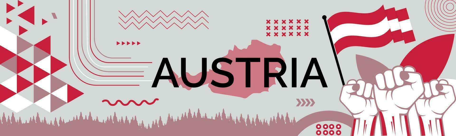 Austria national day banner with map, flag colors theme background and geometric abstract retro modern colorfull design with raised hands or fists. vector