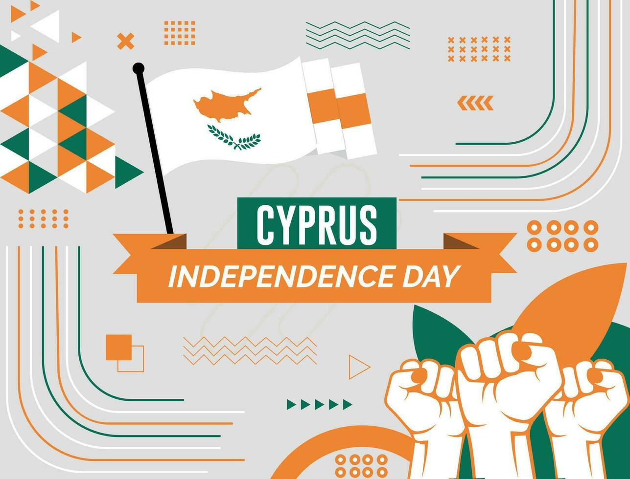 Chipre nacional día bandera con mapa, bandera colores tema antecedentes y geométrico resumen retro moderno colorido diseño con elevado manos o puños vector