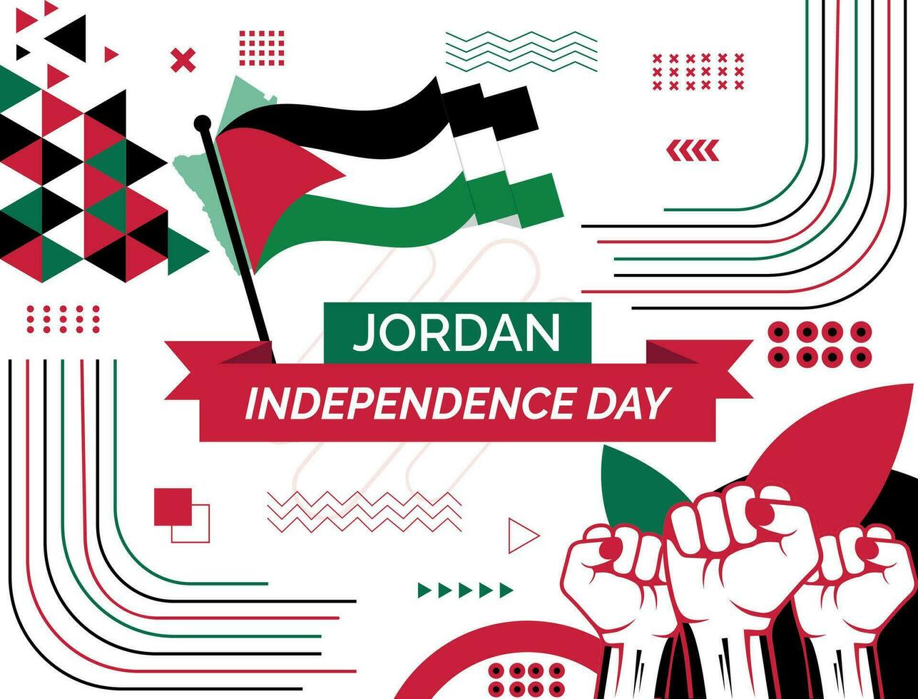 Jordán nacional día bandera con mapa, bandera colores tema antecedentes y geométrico resumen retro moderno colorido diseño con elevado manos o puños vector