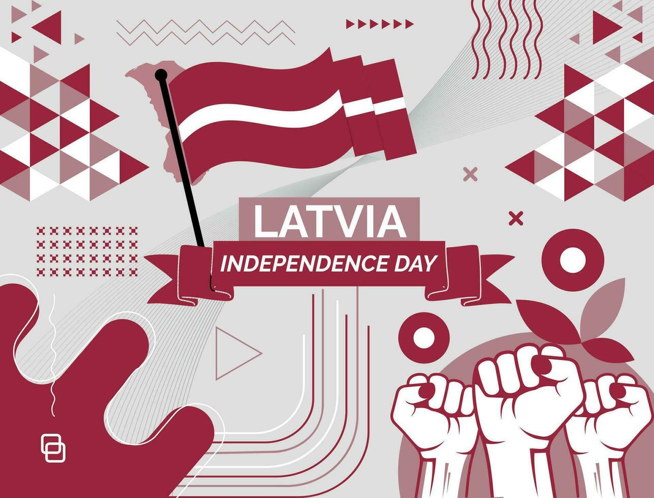 Latvia national day banner with map, flag colors theme background and geometric abstract retro modern colorfull design with raised hands or fists. vector