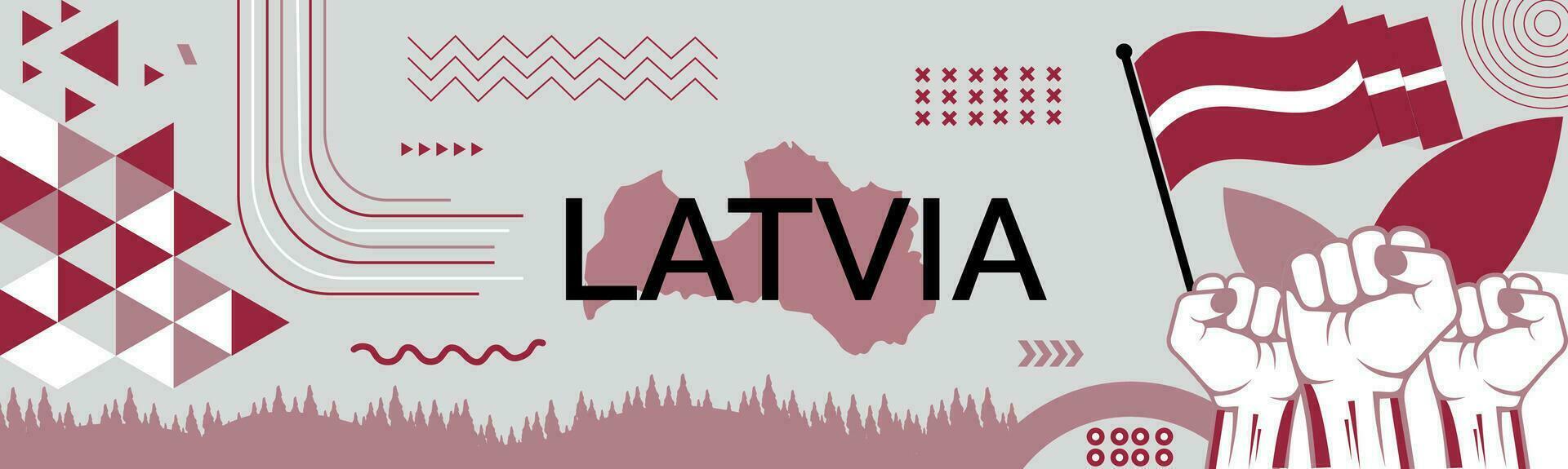 Latvia national day banner with map, flag colors theme background and geometric abstract retro modern colorfull design with raised hands or fists. vector