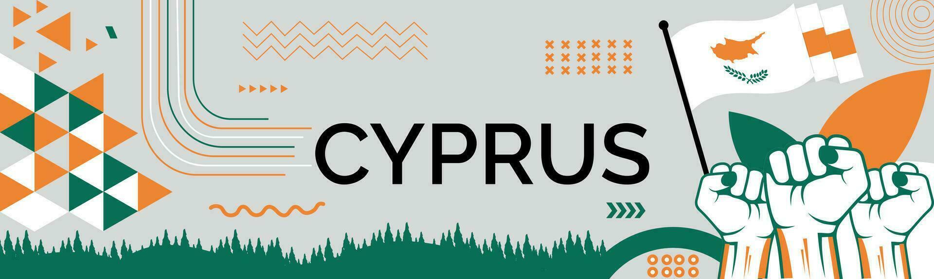 CYPRUS national day banner with map, flag colors theme background and geometric abstract retro modern colorfull design with raised hands or fists. vector