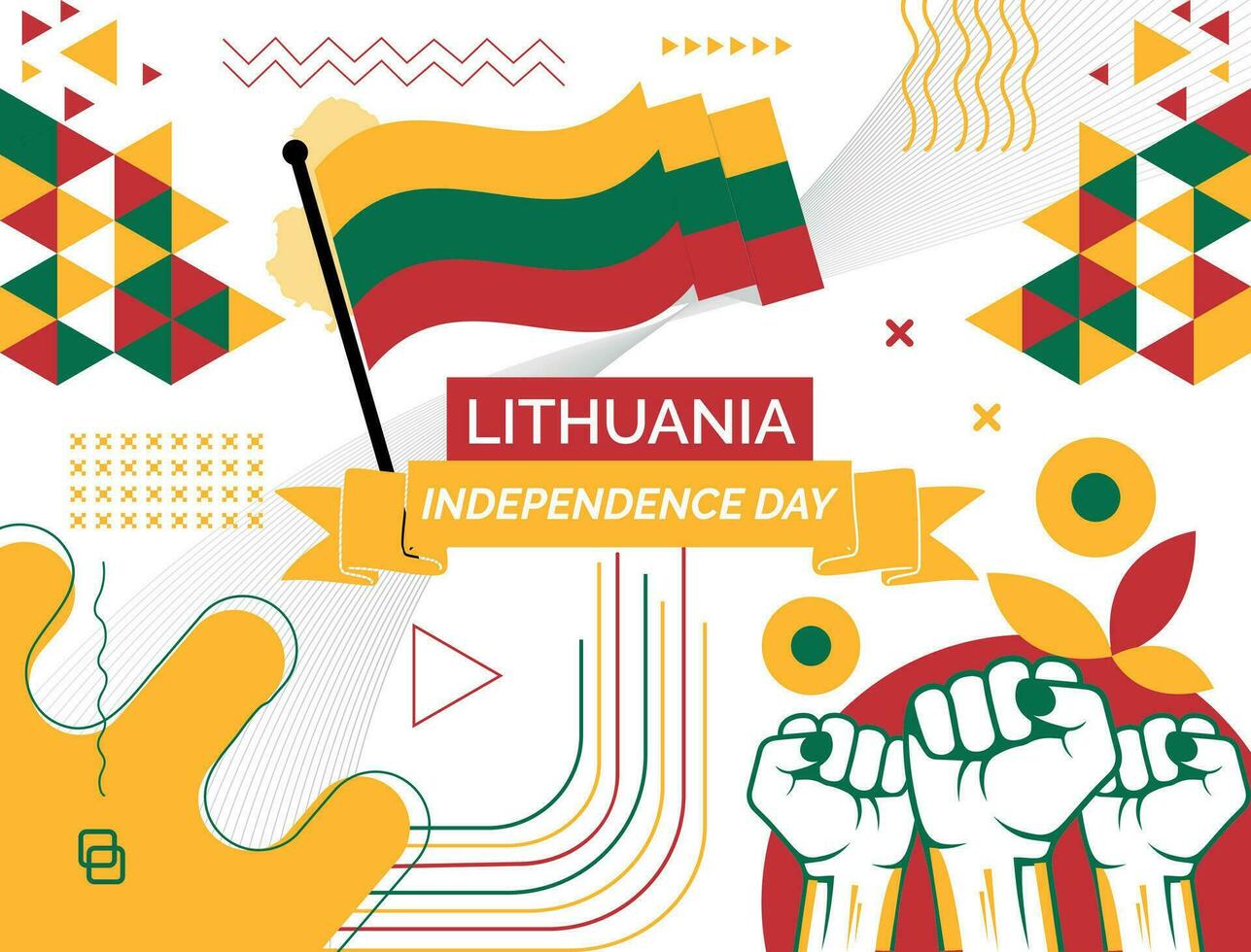 Lithuania national day banner with map, flag colors theme background and geometric abstract retro modern colorfull design with raised hands or fists. vector