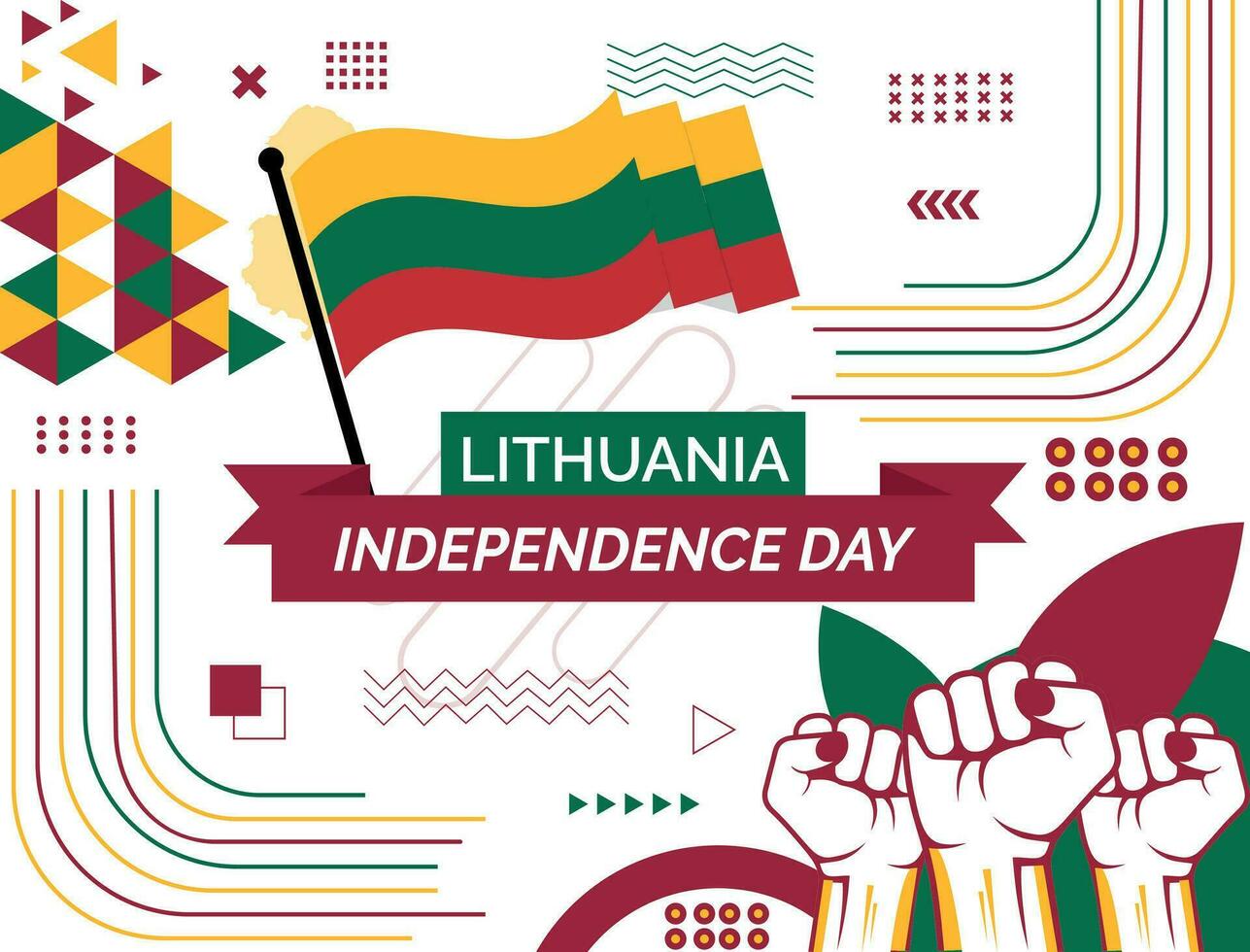 Lituania nacional día bandera con mapa, bandera colores tema antecedentes y geométrico resumen retro moderno colorido diseño con elevado manos o puños vector