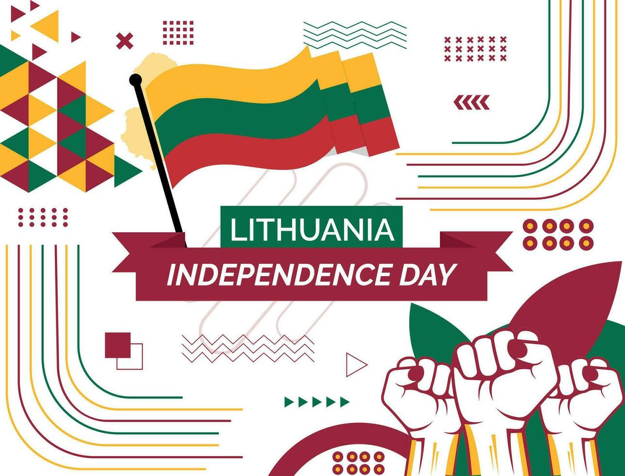 Lithuania national day banner with map, flag colors theme background and geometric abstract retro modern colorfull design with raised hands or fists. vector