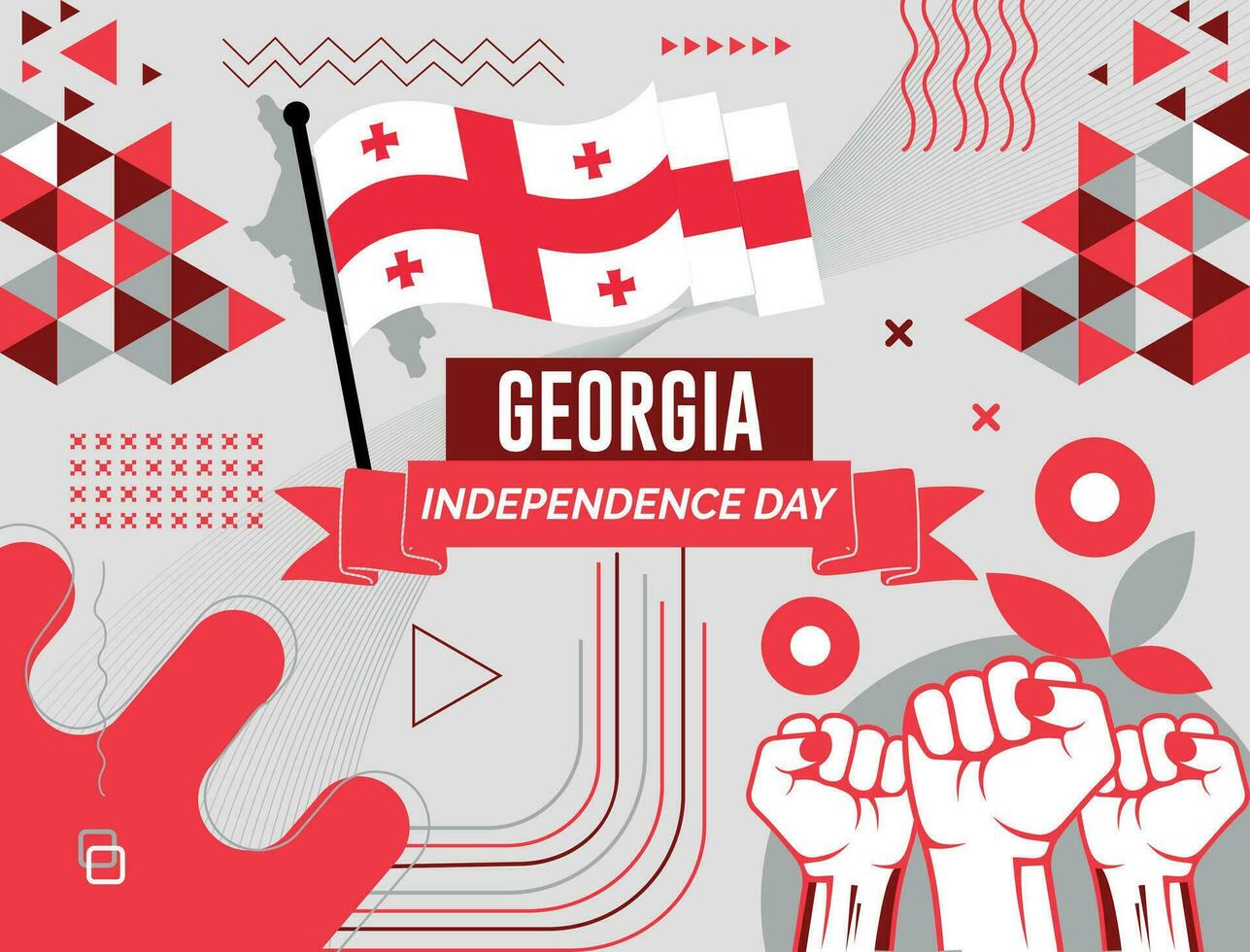 Georgia nacional día bandera con mapa, bandera colores tema antecedentes y geométrico resumen retro moderno colorido diseño con elevado manos o puños vector