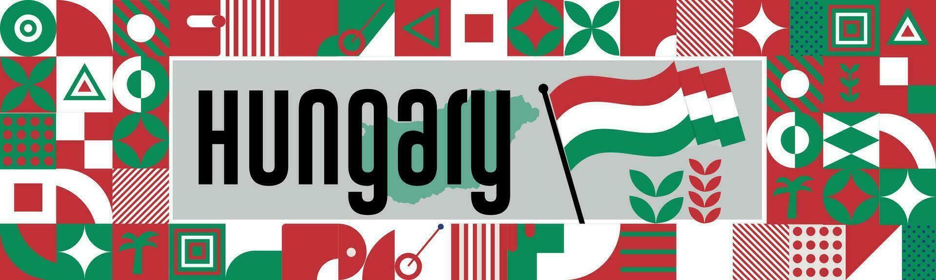 Hungary national day banner with map, flag colors theme background and geometric abstract retro modern colorfull design with raised hands or fists. vector