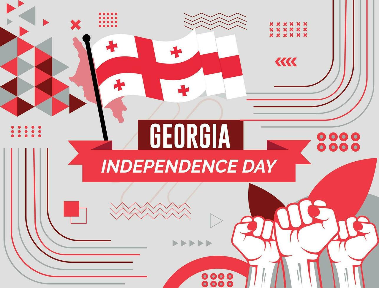 Georgia  national day banner with map, flag colors theme background and geometric abstract retro modern colorfull design with raised hands or fists. vector