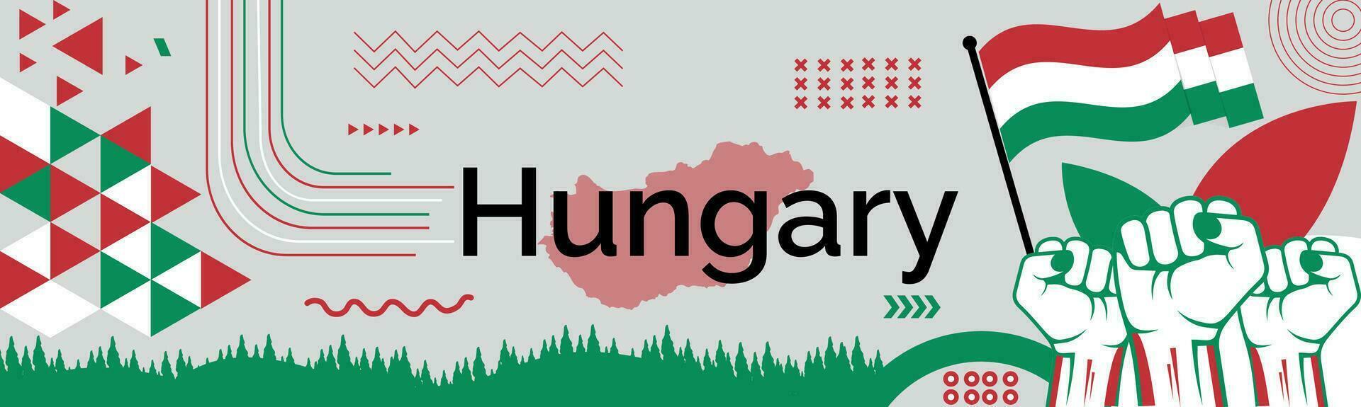 Hungary national day banner with map, flag colors theme background and geometric abstract retro modern colorfull design with raised hands or fists. vector