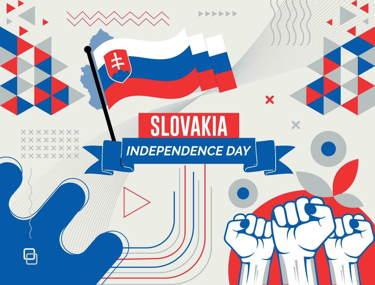 slovakia national day banner with map, flag colors theme background and geometric abstract retro modern colorfull design with raised hands or fists. vector