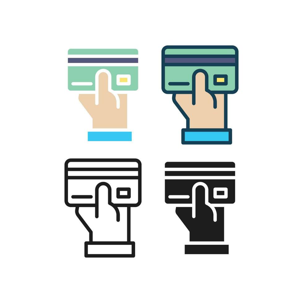 Hand holding credit card or ATM card for purchase. Payment by card in merchant as cashless payment method. Buy, credit card, hand, pay icon. Vector illustration. Design on white background. EPS 10