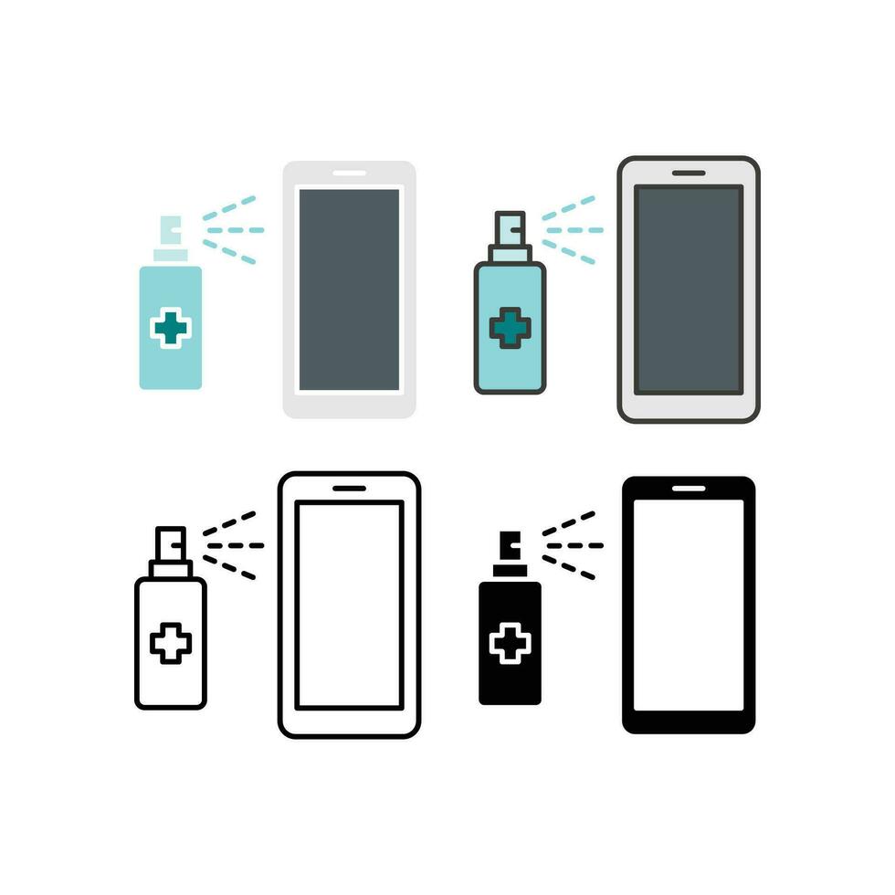 Sanitizing your phone for hygiene. Spraying antiseptic for disinfection smartphone. Flat outline icons of sanitizer for disinfection mobile phone. Vector illustration. Design on white background.EPS10