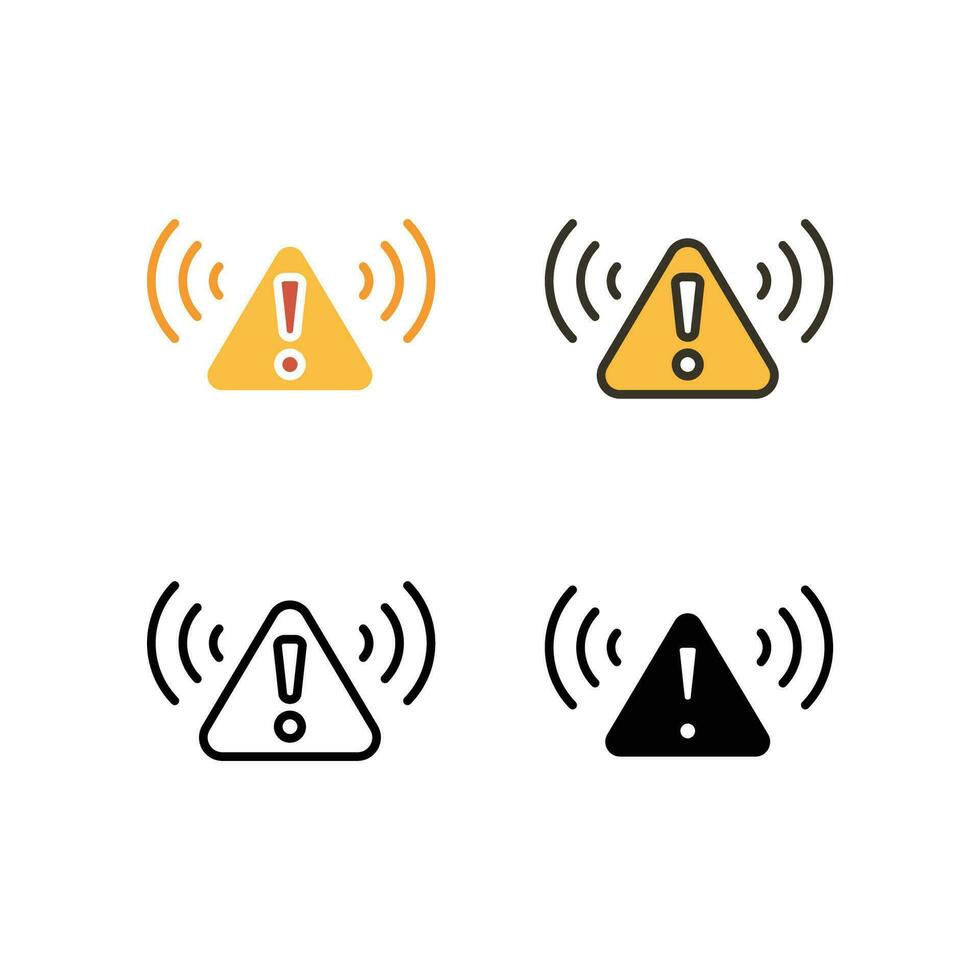 Exclamation symbol in triangle badge with signal. Dangerous information for safety. Prohibit zone, precaution area. Alarm, ring, warning icon. Vector illustration. Design on white background. EPS10