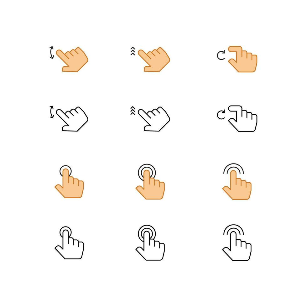 Touch screen gesture signage. Phone or computer hand pointer collection for web design include double click, Hand gesture on screen icon set. Vector illustration. Design on white background. EPS 10