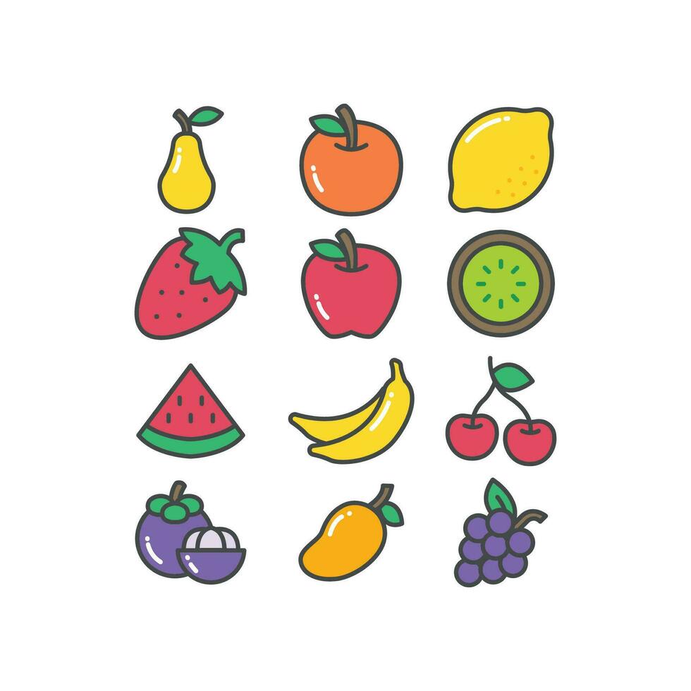 Set of Fruits, Tropical organic fruit fresh organic in colorful silhouette. Apple, mangosteen, cherry, pear, etc. Fruity icons set filled outline style Vector illustration Design